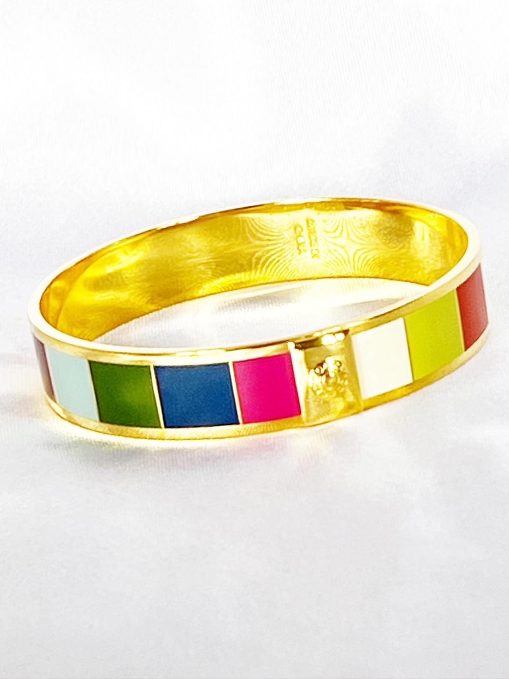 COACH Legacy Stripe Gold Tone Enamel Bangle Bracelet Vibrant Color Blocks Inlay